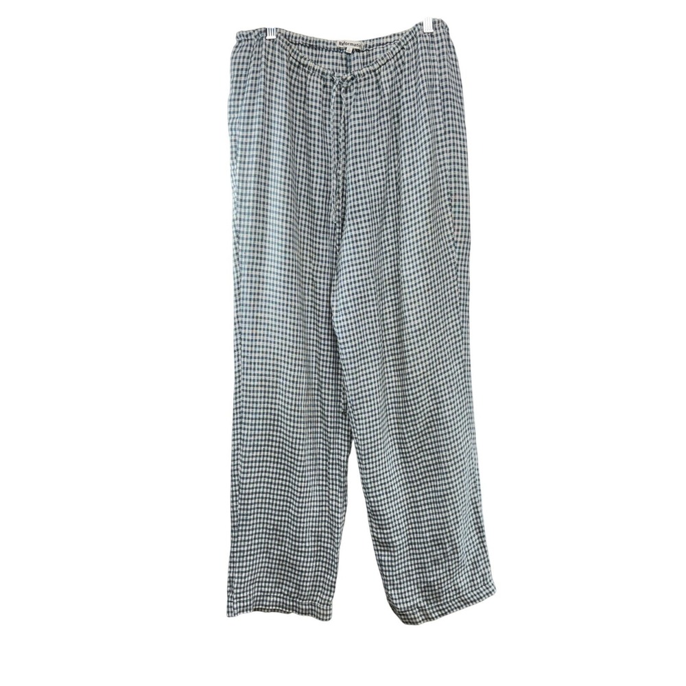 Reformation Blue White Gingham 100% Linen Wide Leg Drawstring Pants Womens Large - Picture 2 of 8